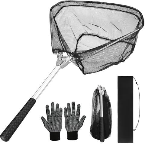 HEYOMART Fishing Net Fishing Landing Net Telescope Foldable Collapsible Extensible for Bird Fish Catch Release Lightweight Portable Aluminum Alloy Frame with Gloves and Storage Bag, 55cm