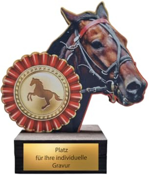 Reitsport Pokal 13 cm - Trophäe mit Pferdekopf & Schleife aus Holz | Edler Holz Award für Reitturniere & Kinderreiten, Inklusive Wunschgravur, 8 mm Birkensperrholz, 100 g Leichtgewicht