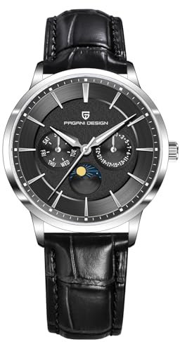 Pagani Design Mode Minimalistisch Quarz Analog 40mm Edelstahl Datum Kalender Wasserdicht Leuchtend Herrenarmbanduhr Leder/Edelstahlarmband(Leder Schwarz 1)