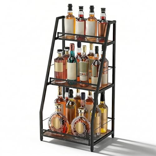 Zertylre 3-Tier Abgestufte Liquor Cabinet Mini Bar, Freistehendes Weinregal mit Geländer, Metall-Holz Flaschenregal für Wein und Weingläser, Ecke Liquor Flasche Display Regal für Bar Küche Esszimmer