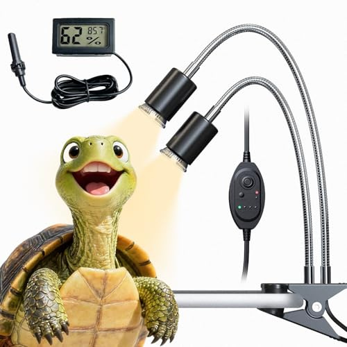 RUGOMCUB All-in-One Reptile Heat Lamp Bundle, Dual-Head UVB&UVA Lamp with Timer & Hygrothermograph, High UVA Lighting for Turtle, Tortoise, Bearded Dragon, Lizard, Snake, Amphibians, Easy to Install