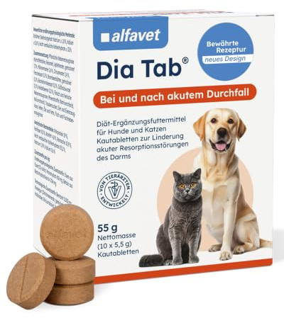 Alfavet Dia Tab 10 x 5,5 g - Diät-Ergänzungsfuttermittel für Hunde & Katzen | Kautabletten bei Durchfall & Verdauungsstörungen - Mit Probiotika & Elektrolyten zur Darmflora-Regulierung - Reiseapotheke