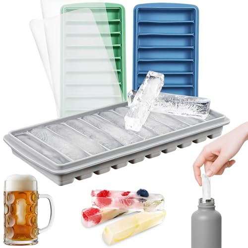 3 Piezas Cubiteras para Hielo con Tapa, Cubitera Silicona, Molde para Congelar, Bandeja Congeladora, 30 Palitos Largos para Cubitos de Hielo, sin BPA, Ideal para Deportes y Botellas de Agua, Whisky
