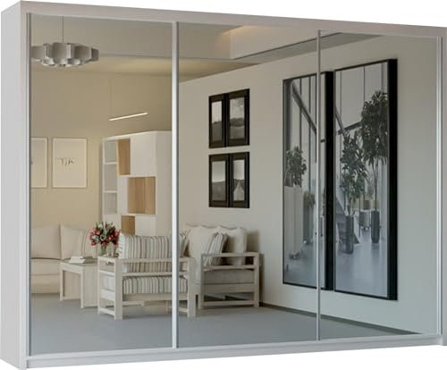 SLIDING WARDROBE 4U Mirror Sliding 2 or 3 Door Wardrobe with LED Light 90cm/120cm/150cm/180cm/203cm/250cm White-Black-Grey-Walnut-Wenge-Oak (White, 250cm)
