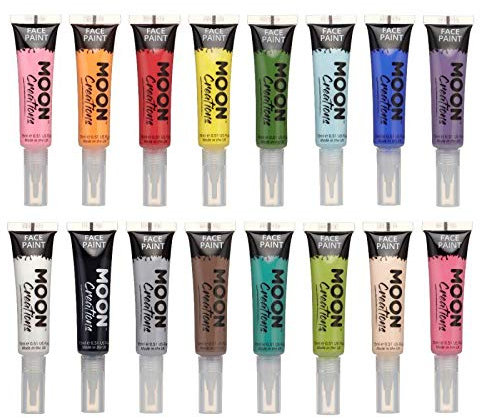 Moon Creations Tubes de peinture pour le visage et le corps avec pinceau applicateur | Prêt à l'emploi | Sans cruauté | pour enfants, adultes, festival, Halloween, lot de 16, 15 ml