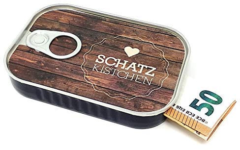 Geldgeschenke Verpackung Sardinendose SCHATZKISTCHEN Geld Geschenkverpackung für Reise, Umzug, Geburtstag oder als Geldgutschein | inkl Aufkleber für individuelle Botschaft | Made by Scherzboutique