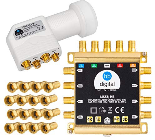 HB-DIGITAL DVB-S/S2 Multischalter 5/8 + Quattro LNB UHD 414 W weiß + 24 F-Stecker vergoldet | Multiswitch für 1 SAT, 8 Teilnehmer/Receiver | inkl. Netzteil | MS58-HB | HDTV FullHD 1080p 4K UHD