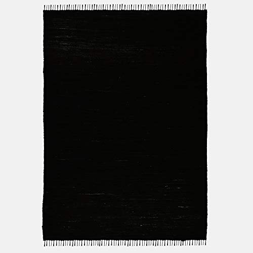 THEKO | Dhurry Teppich aus 100% Baumwolle Flachgewebe Teppich Happy Cotton | handgewebt | Farbe: Schwarz | 40x60 cm