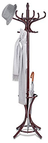 COSTWAY 184cm Garderobenständer mit Schirmhalter, Jackenständer mit 12 Kleiderhaken, Kleiderständer aus Holz, Garderobe Standgarderobe für Flur, Wohnzimmer und Schlafzimmer (Braun)