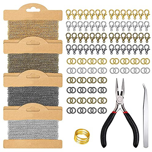 GLAITC Schmuck Basteln Set, Schmuckherstellung Kit Schmuck Basteln Zubehör Schmuck Machen Ketten mit Hummerverschluss, 200-teiliger Öffnungsring für DIY Bastelbedarf