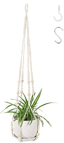 43 Inch Macrame Hanging Plant Holder Indoor, Crochet Cotton Rope Plant Hanger with Wood Beads Decoration Flower Pot Holder, No Tassels Design Hanging Planters Boho Home Decor (with 2 Different Hooks)