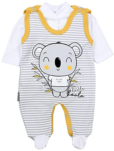 TupTam Baby Mädchen Jungen Strampler mit Langarmshirt Aufdruck Spruch 2 teilig, Farbe: Koala Streifen Grau/Gelb, Größe: 68