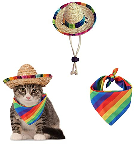 AWOCAN Chapeau de Paille pour Animal Domestique - Chapeau de Sombrero Mexicain - Écharpe Arc-en-Ciel - Décorations de fête pour Anniversaire - pour Petits Animaux domestiques, Chiots, Chats (A)