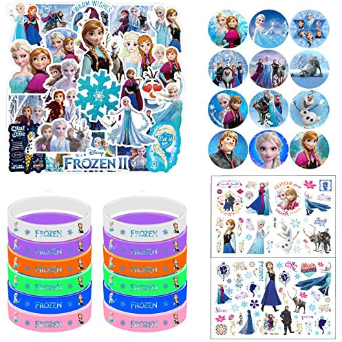 PiliStar Frozen Mitgebsel Geburtstag-beinhaltet 12Frozen Bracelets, 50 Stickers, 2 Tattoo Stickers, 12 Abzeichen,für Frozen Fans Kinder Geschenk Partygeschenke 74 Stück