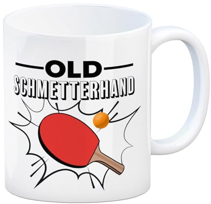Old Schmetterhand Tischtennis Wortspiel Kaffeebecher lustige Kaffeetasse mit Tischtennismotiv Tasse als Geschenk für Tischtennisspieler mit einem guten Sinn für Humor
