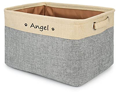 Hundespielzeug Aufbewahrungsbox mit Personalisierte Namen, Faltbare Spielzeugkiste mit Griffen, Hunde Spielzeugkorb für Die Organisation Von Lebensmitteln Kleidung und Haustiere Zubehör(Beige-Grau)