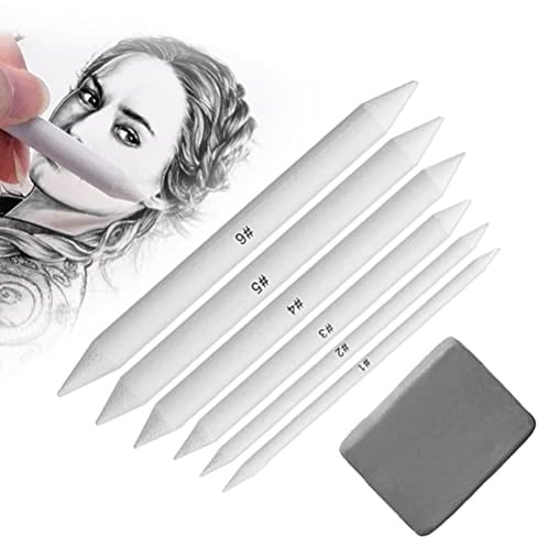 LJFEA 7 Pcs Zeichnen Papierwischer Bleistife Set, Doppelköpfe Papier Stift Weiß,Blending Stümpfe Knetgummi und ein Radiergummis, für Student Skizze Zeichnen, Malen, Farbübergang