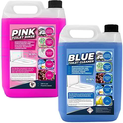 Flow Pink & Blue Chemical Motorhome & Caravan WC Toilet Fluid & Rinse Cleaner | Biodegradable Formaldehyde Free Cleaning Formulation | Disinfectant, Rinse & Cleaner | 2 Pack Combo