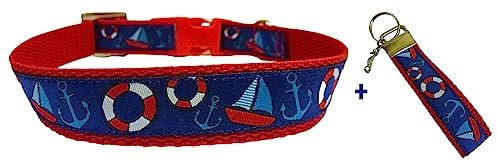 Handmade Set Hunde Halsband Hundehalsband + Schlüsselanhänger Maritim Meer Schiff Segelboot Urlaub längenverstellbar Gr. S/M 26-38 cm