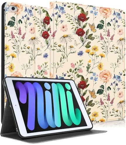 Uppuppy for iPad Mini Case, Kids Cute Flower Folio Women Kawaii Girly Teen Girls Floral Design Cover for 7.9 Inch iPad