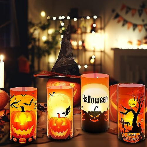 FMKLDENA Tisch Windlichter Deko Halloween, 8 Stück Windlicht Tischdeko Halloween, Tischdeko Lichthülle Halloween Kürbis/Fledermaus/Krähe/Spinne für Teelichter oder Kerzen