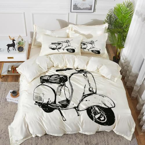 Bettwäsche 3 Teilig Bettgarnitur,Vintage Ink Hand Graphics Vespa Scooter Sketch Bike,Mikrofaser Bettbezug Set 1 Bettbezug Set 135 x 200 cm + 2 Kissenbezug 50x80 cm