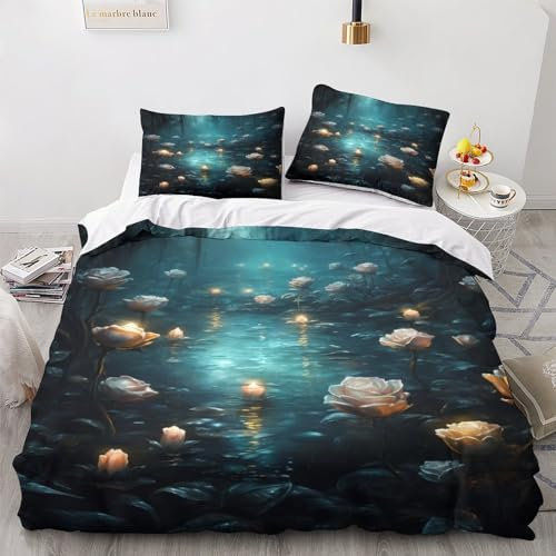 OPSREY Golden Rose Bedding Sets Luxuriös Quilt Cover Set Kissenbezug Blooming Flowers Bettbezug Microfaser Bettwäsche Set Wärme Steppdeckenbezug Für Jungen Und Mädchen Double(200x200cm)