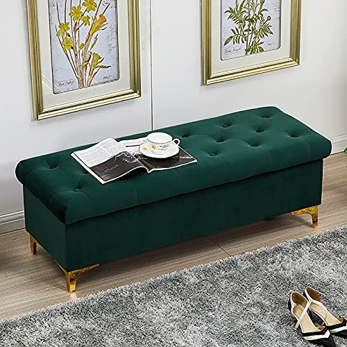 ASHILD Ottomane-Bank aus Samt mit Stauraum, Premium-gepolsterte Sitzbank mit Stauraum, modernes Zuhause, Schlafzimmer, Wohnzimmer, Flur, Fußhocker, Schuhbank, Multifunktionsbänke, Grün, 100 x 45 x