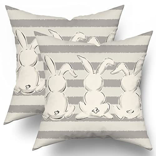 Graue Streifen Häschen Ostern Kissenbezüge 40,6 x 40,6 cm grau Kaninchen quadratische Kissenbezüge Sping Urlaub rustikal dekorative Wurfkissen Set von 2 Bauernhaus Heimdekoration für Wohnzimmer