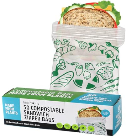Lunchskins Ziptop Compostable Resealable Freezer-Safe Food Storage Bags, Sandwich, 50 Count