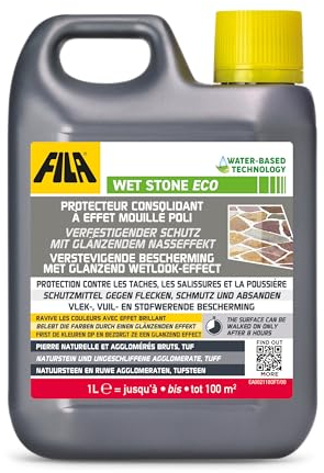 FILA Surface Care Solutions, WET STONE ECO Imperméabilisant pour pierre extérieure, avec effet mouillé, peinture imperméable et anti-taches, étanchéité extérieure/intérieur, pour pavés, 1 l