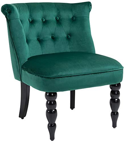 HOMCOM Velvet Accent Chair, Button Tufted Wingback Chair with Rubber Wood Legs for Living Room, Bedroom, Dark Green