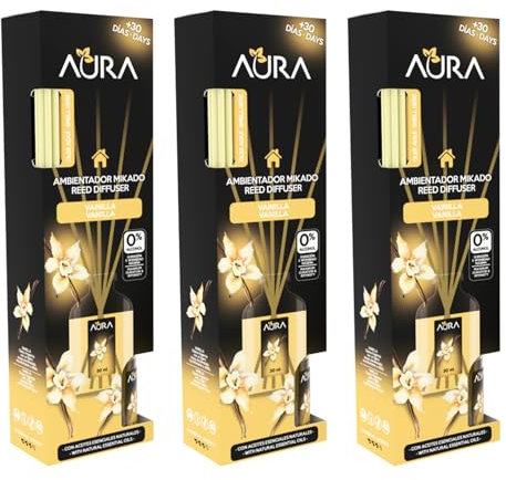 AURA | Pack 3 Ambientador Mikado con Varillas | Larga Duración 4 Semanas | 0% Alcohol | 3x30ml (Vainilla)