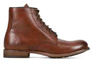 Frye Tyler - Stivali stringati da uomo realizzati in morbida pelle vintage con costruzione Blake, punta e tallone bruniti e inserti in gomma su suole in pelle, altezza gambale 1,9 cm, Cognac - Renice