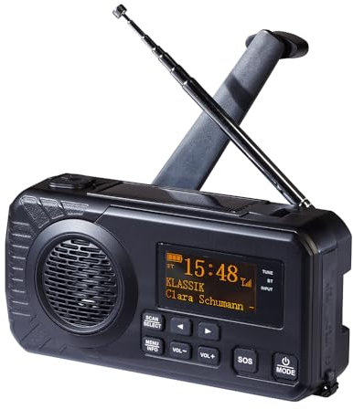 EUROtops Radio multifonction - Radio solaire/manivelle/d'urgence, DAB+/FM/Bluetooth, 12 heures de fonctionnement de jeu, batterie de 5000 mAh, lampe LED, réveil, alarme SOS - Pour randonnée, camping,