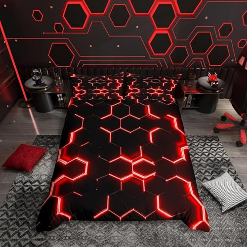 Loussiesd Honeycomb Bettwäsche Set 135x200cm Rot Schwarz Hexagonal Bettbezug Set Modern Geometrische Dekor Bettwäsche-Set Bienenstock Simplistic Geometrie Bettbezug mit 1 Kissenbezug 80x80cm