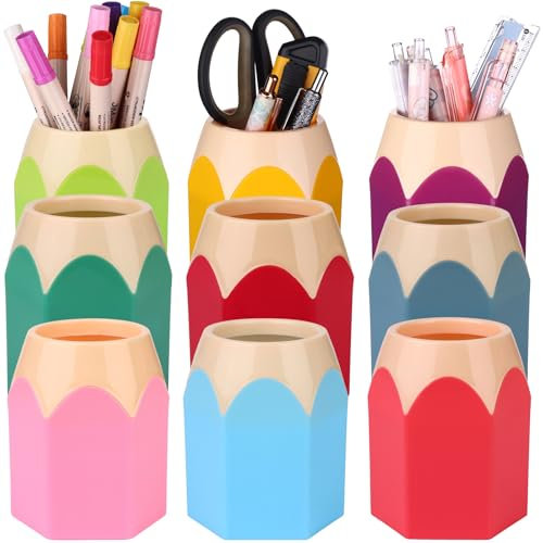 ULELE 9 Pcs Plastic Pen Vase Pencil Pot Pencil Shaped Pen Holder Teacher Pencil Cup Pencil Storage Organizer Colorful Pencil Holder Creative Pencil Tip Design Pencil Pot for Students Office School