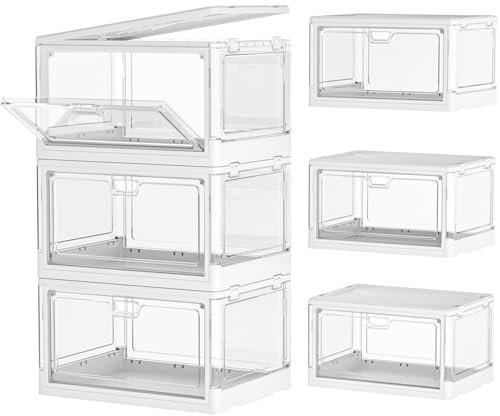 PurKeep Storage Boxes with Lid - Plastic Box 23L/Tier, Clear 3-Tier Stackable Boxes with 3 Lids, Folding Clothes Storage, Storage Organizer for Bedroom Living Room