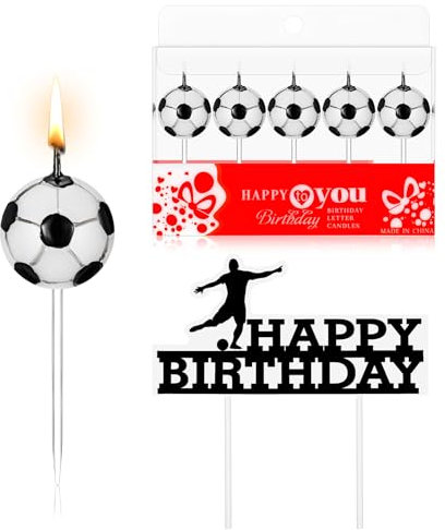 Gulfmew 5 Stück Fußball Kuchenkerzen mit 1 Stück Fußball Happy Birthday Kuchenaufsätze Fußball Motiv Geburtstag Kuchendekorationen Geburtstagskerzen für Torte, Weiß und Schwarz