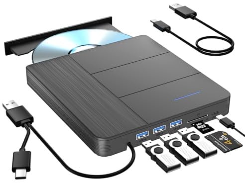 IQUQIXL 7 in 1 External Blu-ray Drive,Suppor 80G Disc R/W BD DVD CD Player,Portable Burner USB3.0 SD/TF Card Slot for PC Compatible with Windows XP/7/8/10/11 Mac Laptop Desktop