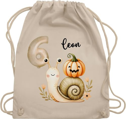 Turnbeutel Rucksack - Sechster Geburtstag mit Schnecke und Kürbis personalisiert mit Name | Herbstliche Geburtstagsfeier zum 6. Geburtstag - Unisize - Naturweiß - 6 birthday jahre für geburtstag.