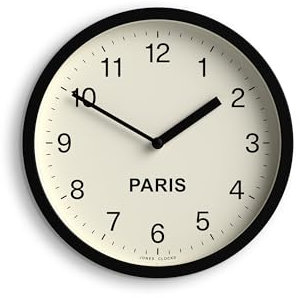 JONES CLOCKS® Paris Time Zone wanduhr | Kleine Moderne runde Uhr | 20cm | Schwarz | Leicht lesbare Zahlen | Ideal für küchen, homeoffices und gemeinsam genutzte arbeitsbereiche
