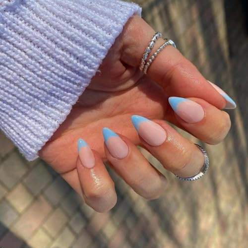 SXVME 30 Pcs Acrylic Press on Nails Short Almond, Blue French Tip False Nails Short Pointed Stiletto, Natural Nude Fake Nails Set Classic Soft Gel Stick on Nail for Women Daily Wedding Wear