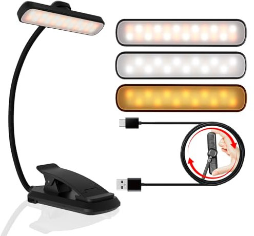 LUTW Leselampe Buch Klemme, USB Wiederaufladbare Buchlampe Dimmbar mit 24 LEDs, 3 Farbtemperatur Modi & 5 Helligkeiten Augenschutz Leselicht, 1000mAh, 360° Drehbare Leselampe für Lesen, Reisen