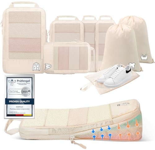 8 Teilige Compression Packing Cubes, Koffer Organizer Kompression PackwüRfel Packtaschen FüR Backpack Rucksack Reisen Organizer Beige