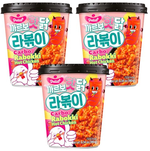 Delief Korean Instant Cup Rabokki Spicy Ramen & Rice Cake Tteokbokki Carbo Hot Chicken Flavour 180g Snacks (Pack of 3)