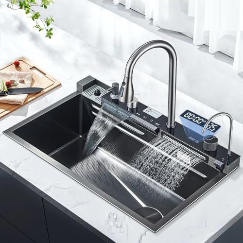 Küchenspüle aus Edelstahl mit Wasserhahn, Becherspüler, Seifenspender, großer Einzelschüssel mit Wasserfall- Sprinkler und Regenfunktion, 4-Funktionen System, Spülbecken Spüle Anthrazit 75x46cm