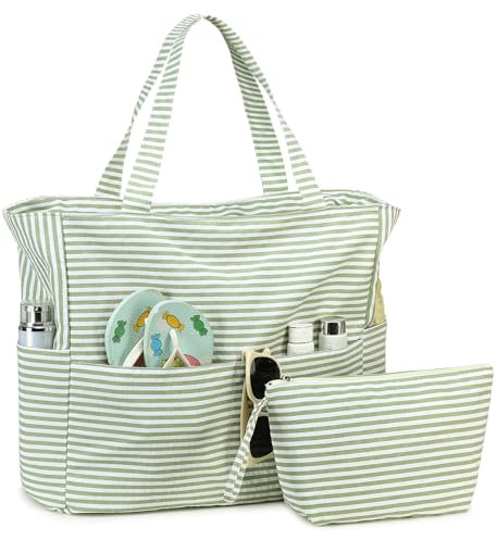 Große Strandtasche mit Reißverschluss Wasserdichte Sanddichte Schwimmbadtasche Umhängetasche Einkaufstasche mit Reißverschluss Reisetasche Familie Strand Tote (Bubble material with green stripes)