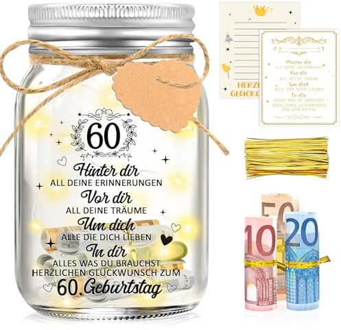 Shining She 60 Geburtstag Frau Mann, LED Flaschenlicht Geldgeschenke | Geburtstagsgeschenk für Frauen Männer, Muttertagsgeschenk für Mama, Ruhestand Geschenk Frauen, Personalisierte Geschenke