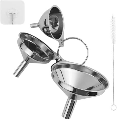 3 pezzi imbuto da cucina in acciaio inox, imbuto piccolo metallo, imbuto in acciaio inossidabile, con 3 ganci autoadesivi e 1 spazzole per la pulizia, per bottiglie, polvere